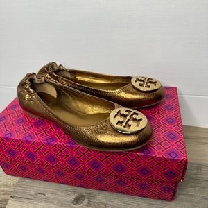 Tory Burch Reva Metallic flats ballet metal bronze shoes leather medallion 5.5